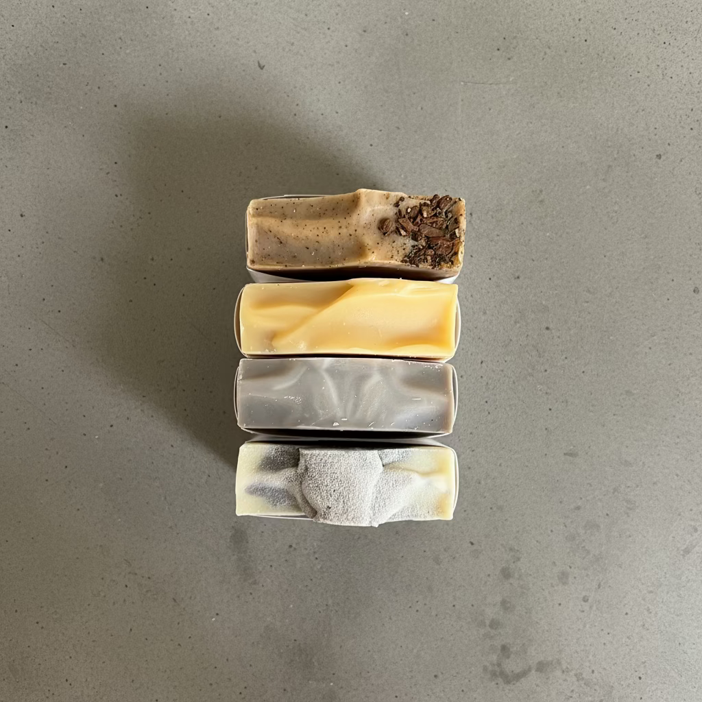 4 BARS OF SOAP BUNCHED TOGETHER ON A NEUTRAL CONCRET BACKDROP
