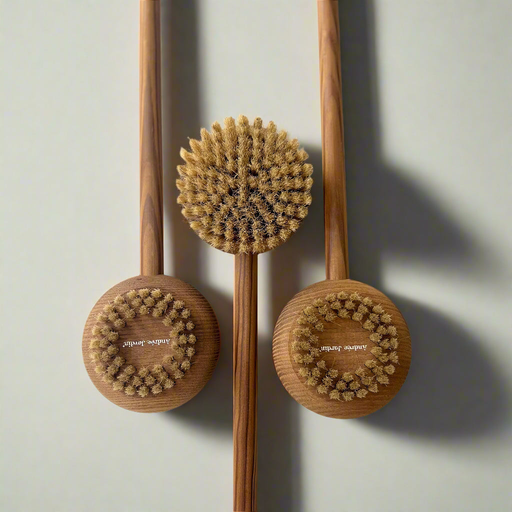Three wooden back brushes with bristle heads on a white background