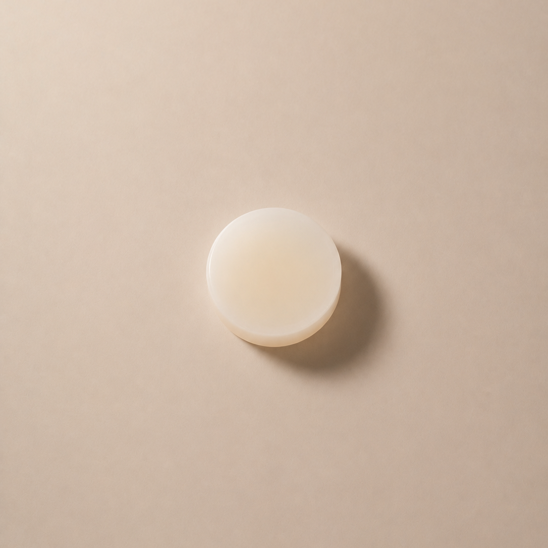 Round white conditioner bar on a beige background