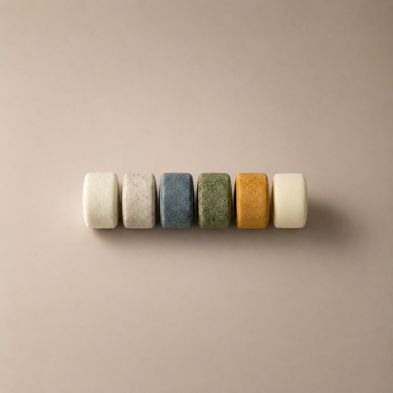 Row of six mini shampoo and conditioner bars  in various earthy colors on a beige background